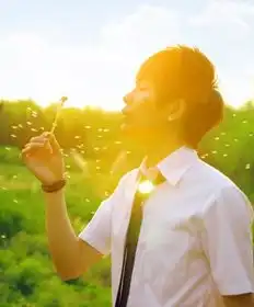 太阳下穿白衣服,打黑领结男的对着手中的蒲公英吹的情侣头像
