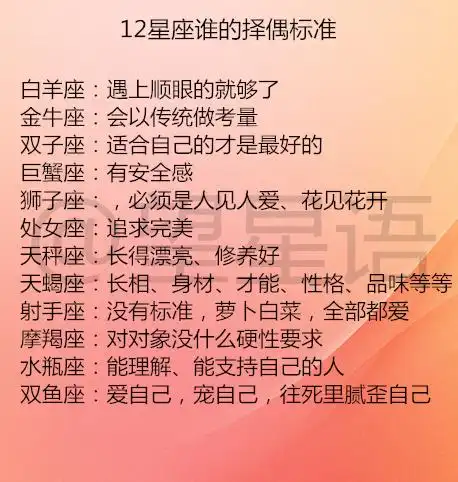 十二星座的爱情占有欲有多强12星座谁的择偶标准
