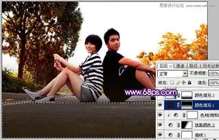 photoshop调出情侣照片梦幻夕阳黄色调效果