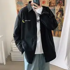 港风初春韩版宽松月亮刺绣衬衫休闲长袖衬衣潮情侣衫cs10