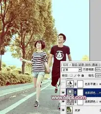 photoshop调出马路上的情侣图片清爽青黄色调